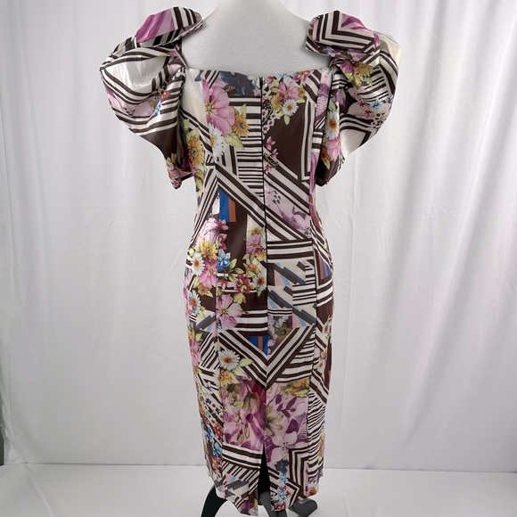 CQ BY CQ Mixed Media Floral Geo Dress with puff sleeves shoulder bows size Small - Picture 7 of 10